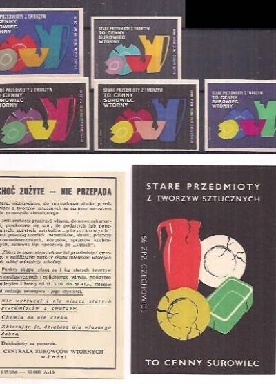 Stare przedmioty z tworzyw sztucznych to cenny surowiec (seria 5 małych plus jedna duża etykieta z przeciwnaklejką, 1966-1967)